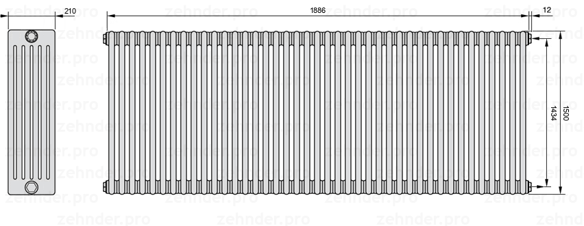 Схема (чертеж) Радиатор Zehnder Charleston 6150/41 №7610 Белый глянцевый RAL 9016